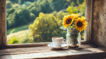 Fototapeta premium Serene countryside view from a rustic home window showcasing a cup of coffee and a sunflower bouquet in a jar with lush greenery in the background.