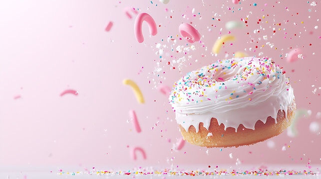 delicious donut with white icing and colorful sprinkles floats against pink background, creating fun and festive atmosphere