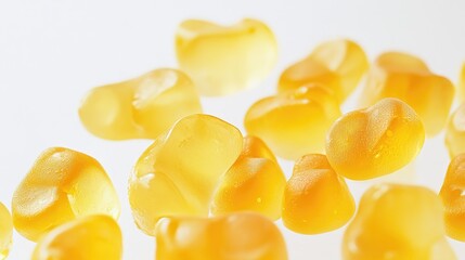 Fototapeta premium Vibrant yellow gummy bears with a glossy, jiggly texture scattered artistically on a bright white background, showcasing their playful form and colorful appeal.