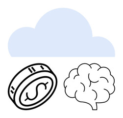 Cloud in light blue with outlines of a dollar coin and brain underneath. Ideal for cloud technology, finance, knowledge management, digital transformation, innovation, online services, virtual