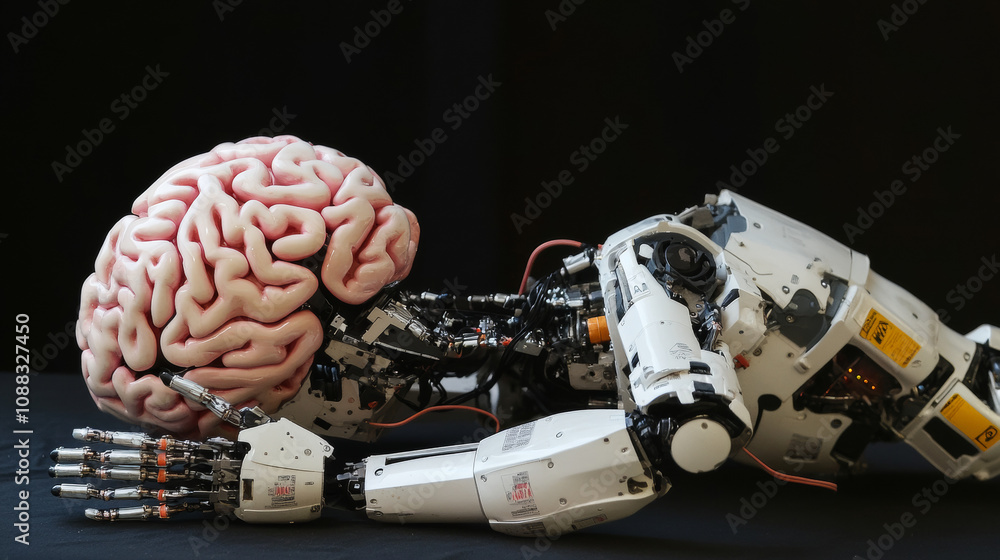 Poster a robot controlled by a computer that mimics a brain.