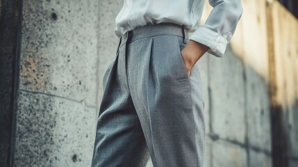 Stylish individual wearing a white shirt and tailored gray trousers, standing against a textured wall with natural light highlighting the outfit.