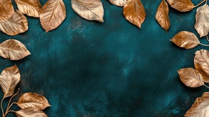 Stylish autumn or winter border design with dried gold and teal blue leaves on a dark green background, perfect for Thanksgiving and Harvest celebrations with customizable message space.