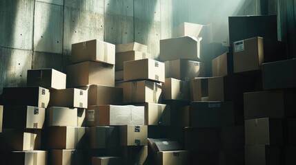 Piled high cardboard boxes in a sunlit room with a concrete wall, featuring a designated area for a banner and additional text.