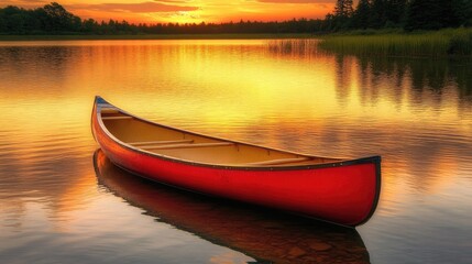 Fototapeta premium A vibrant red canoe floats gently on a tranquil lake, reflecting golden hues of sunset in still waters surrounded by lush greenery.