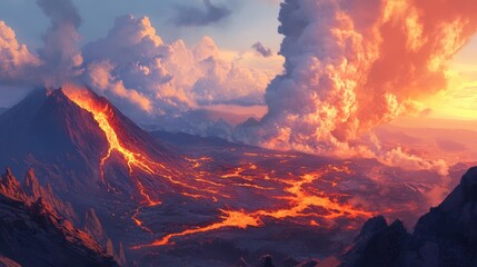 Dramatic volcanic landscape showcasing flowing lava and molten magma, with dense smoke rising from the crater beneath a dynamic, cloudy sky.