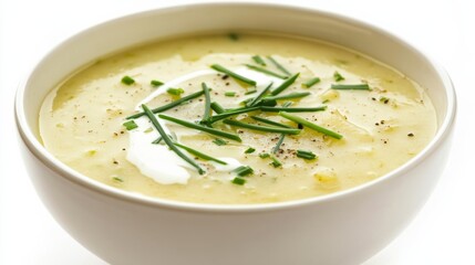 A bowl of hearty potato leek soup garnished with chives and a drizzle of cream, Each spoonful filled with rich and comforting flavors
