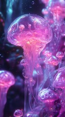 Pulsating jellyfish and glowing flora, alien environment, neon fantasy wilderness