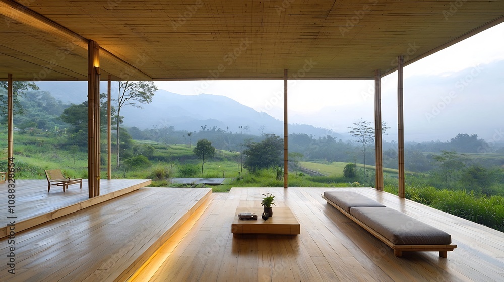 Poster sustainable bamboo architecture graceful minimalist bamboo structures in a serene natural environmen