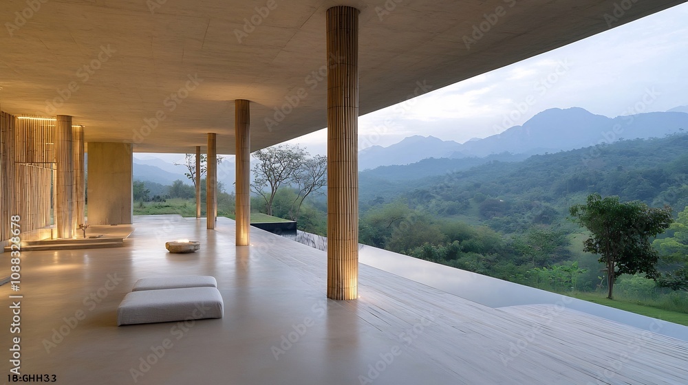 Poster sustainable bamboo architecture graceful minimalist structures blending with serene natural environm