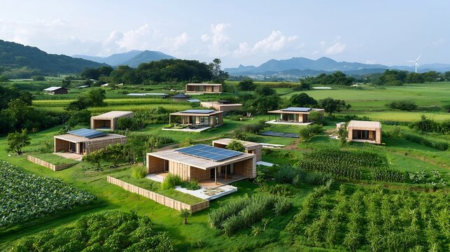 Modular Bamboo Eco Village with Interlocking Lightweight Modules Reclaimed Bamboo Cladding Solar Panels Wind Turbines