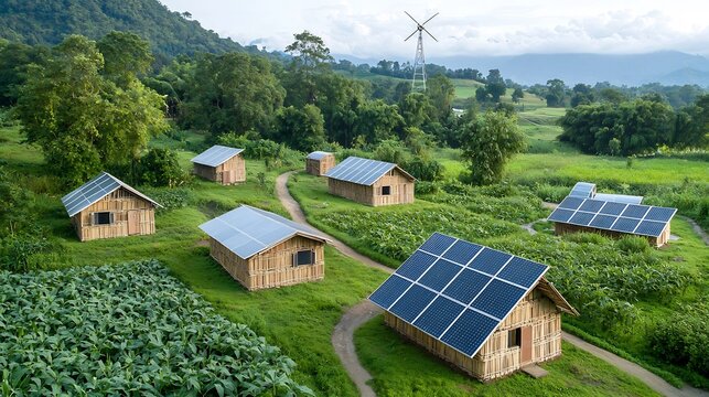 Modular Bamboo Eco Village with Interlocking Lightweight Structures Solar Panels Wind Turbines and Verdant Permaculture Gardens Captured by Aerial Drone Photography