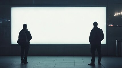 Fototapeta premium Silhouetted figures standing before a large empty light box at an airport, showcasing the potential for advertisements and marketing messages.