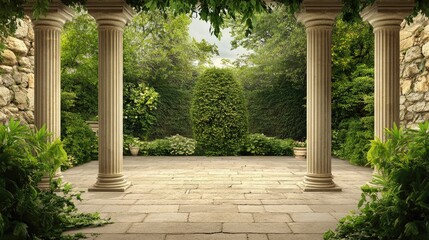 Fototapeta premium Ancient Greek columns stand tall against a rustic stone wall, complemented by a smooth stone floor, all set in a lush garden filled with greenery and tranquil ambiance.