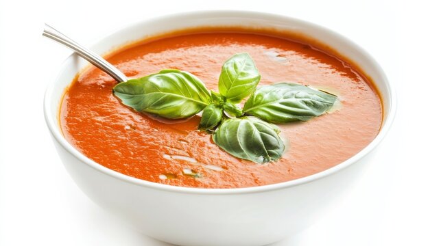 A bowl of hearty tomato basil soup garnished with fresh basil leaves and a drizzle of olive oil, Each spoonful filled with comforting and aromatic flavors - Powered by Adobe