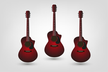 Fototapeta premium Set Red vector acoustical guitar wooden icon on white background, with six strings on it. Group of musical guitar symbol in red color