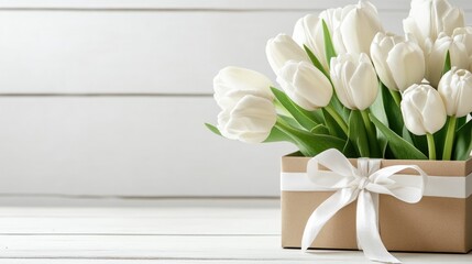 Elegant arrangement of white tulips in a gift box with a ribbon, featuring space for personalized messages, ideal for special occasions like Valentine's Day and birthdays.