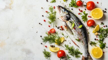 Freshly Caught Fish Surrounded by Fresh Herbs, Cherry Tomatoes, Lemon Slices, and Spices on a Light Background