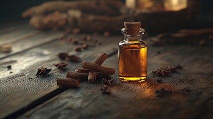 Cloves and a corked oil bottle beautifully arranged on a rustic wooden surface, with a warm, inviting atmosphere and soft, selective focus highlights.