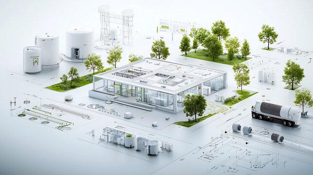 Digital blueprint showcasing the design of a sustainable building with integrated water recycling systems for efficient and eco friendly urban development in the modern era