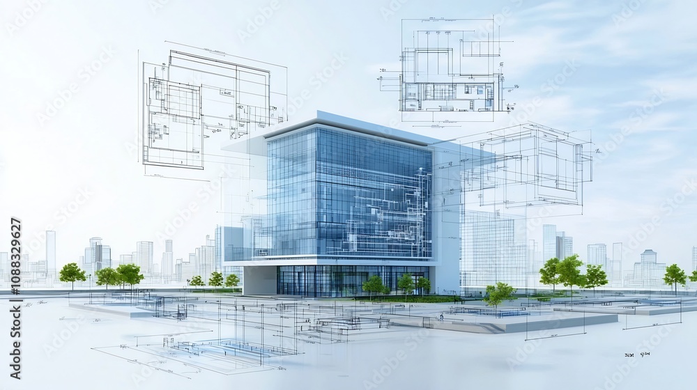Poster detailed digital blueprint design for a sustainable energy efficient and water recycling building to