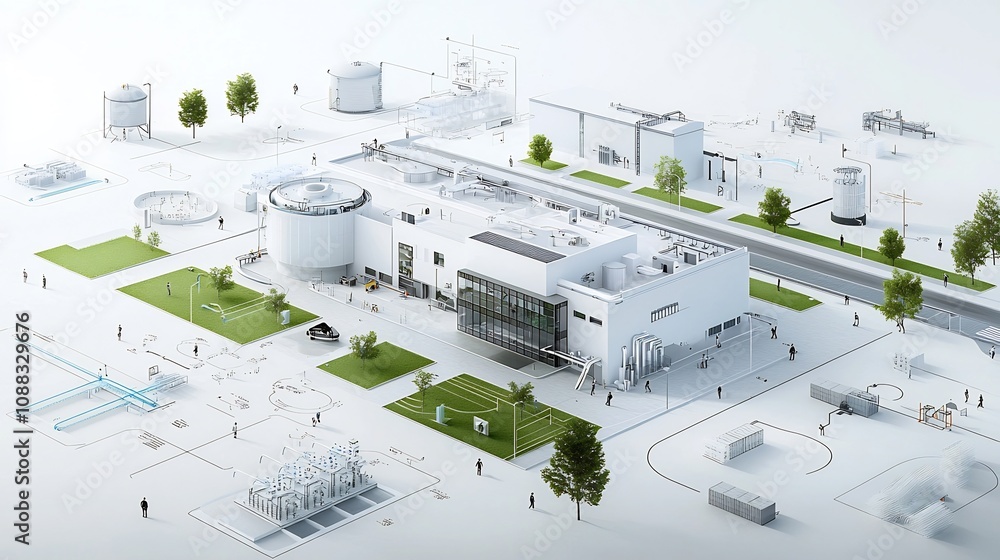 Poster innovative digital schematic blueprint showcasing an eco friendly building with advanced water recyc