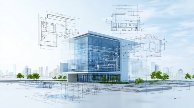 Detailed digital blueprint design for a sustainable energy efficient and water recycling building to support green urban development and infrastructure for the modern city