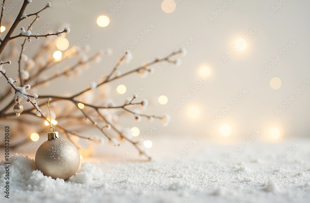 Wall mural christmas background with a tree branch and a golden ball on the snow. copy space on the right.