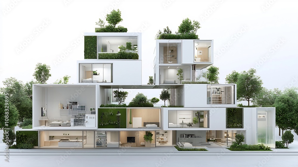Poster innovative architectural blueprint showcasing a green building design with an integrated water recyc