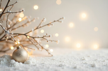 Christmas background with a tree branch and a golden ball on the snow. Copy space on the right.