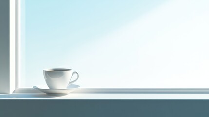 Elegant coffee cup resting on a sunlit window sill against a soft blue backdrop, featuring ample negative space for text placement.