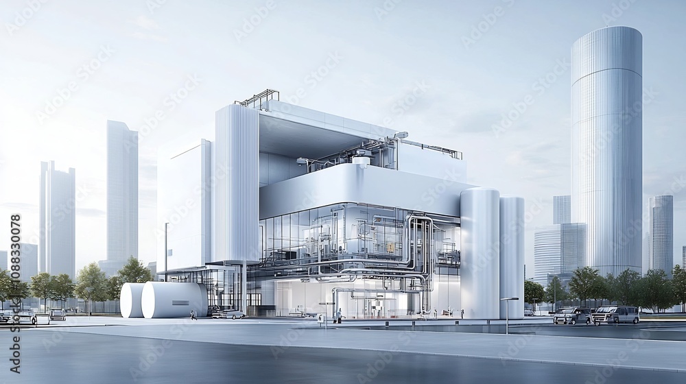 Poster detailed blueprint showcasing the design of a sustainable and environmentally conscious building wit