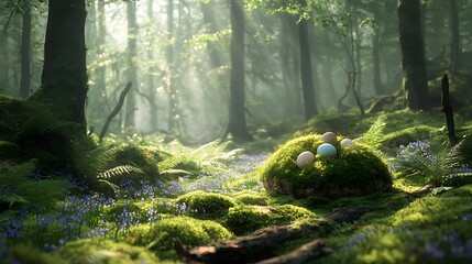 A forest hideaway with Easter eggs nestled in soft moss, surrounded by tiny bluebells and ferns, sunlight filtering through the trees, soft-focus effect, photorealistic quality,