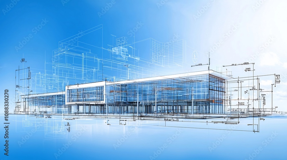 Poster detailed architectural blueprint showcasing a sustainable building design with integrated water recy