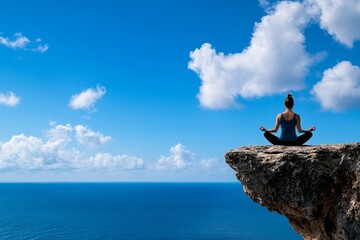 Person meditating on a cliffside with a vast ocean view, embodying peace and tranquility