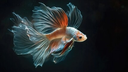 Fototapeta premium Vibrant Siamese fighting fish showcasing an exquisite flowing silk tail, elegantly illuminated against a contrasting dark backdrop.