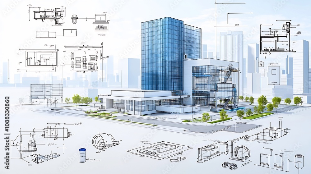Poster detailed digital blueprint showcasing the design of a modern sustainable building featuring an integ