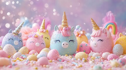 A playful Easter display with unicorn-inspired eggs, covered in glitter and pastel rainbows, scattered among candy and confetti, dreamy lighting, vibrant colors, photorealistic textures,