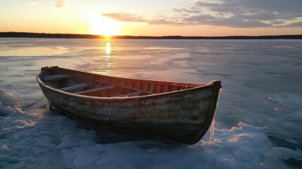 Obraz premium Abandoned wooden boat on a frozen lake at sunset, casting reflections on the icy surface with vibrant orange and pink hues in the sky.