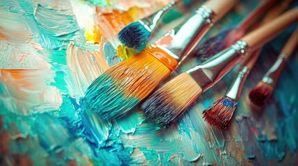 Fototapeta premium Vibrant paintbrushes resting on a textured canvas splashed with colorful strokes, highlighting the creativity and artistry in the painting process.