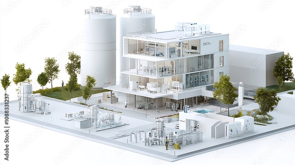 Aufkleber Digital architectural layout showcasing a sustainable building design with integrated water recycling system aimed at promoting environmentally friendly and resource efficient urban development