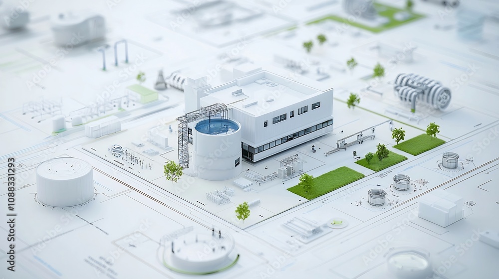 Poster Digital architectural rendering showcasing the layout of a modern sustainable building designed for eco friendly urban development