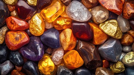 Lustrous Colorful Stones Displaying Rich Shades of Gold, Orange, and Deep Purple with Layered Textures and Polished Surfaces