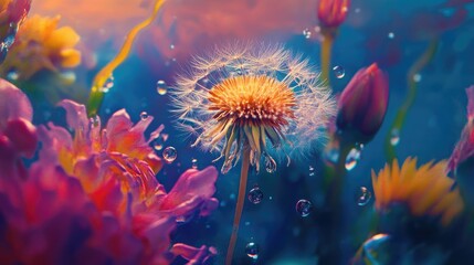Detailed close-up of a dandelion with fluffy seeds against a colorful floral background, showcasing drops of water and vibrant natural elements.