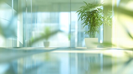 Modern office space featuring glass reflections and vibrant greenery, creating a serene and productive atmosphere ideal for business settings.