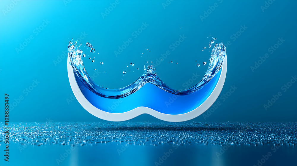 Poster 3d render of a water wave splashing in a white frame, creating a w shape on a blue surface
