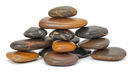 Balanced pebble pyramid composed of smooth multicolored stones arranged on a clean white background, perfect for banners and illustrations.