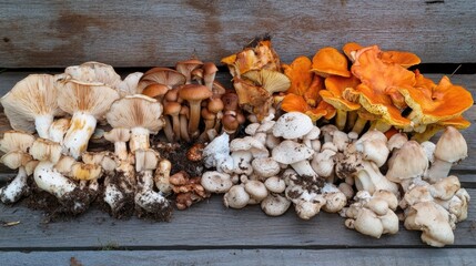 Diverse assortment of colorful mushrooms growing on decaying wood, showcasing textures and vibrant hues in a natural setting.
