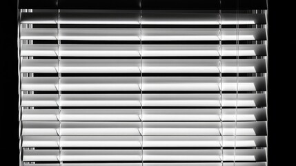 A close-up of white blinds partially illuminated, creating a pattern of light and shadow against a dark background.
