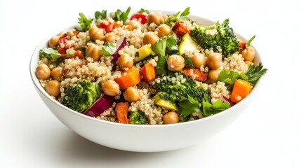 A bowl of hearty vegetable quinoa salad with cooked quinoa, roasted vegetables, chickpeas